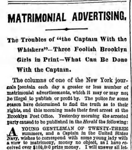 Kristin Holt | Nineteenth Century Mail-Order Bride SCAMS, Part 4. Troubles in Matrimonial Advertising, in The Brooklyn Daily Eagle of Brooklyn, New York on May 10, 1865. Part 1 of 6.