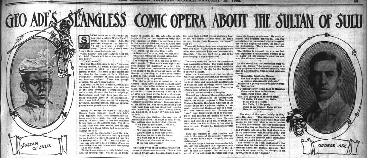 Kristin Holt | Mail-Order Bride Farces...for Entertainment? Sultan Opera Overview pic. with matrimony bureau to marry off ex-wives. Farcical show advertised in Chicago Daily Tribune on January 18, 1902.