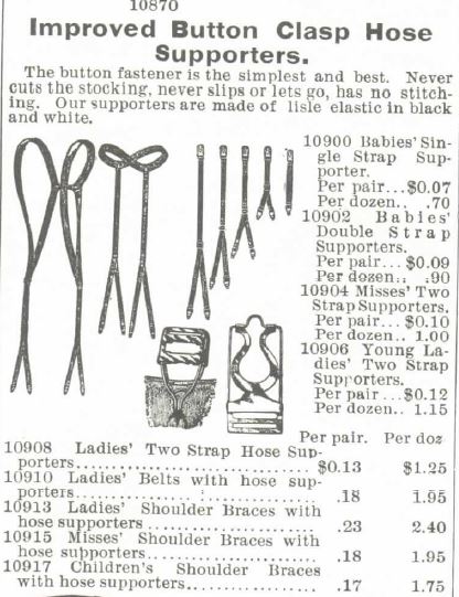 Kristin Holt | How Did Victorian Stockings Stay Up? Improved Button Clasp Hose Supporters for Babies, Young Ladies, Ladies, Misses, and Children. For sale in 1895 Montgomery, Ward & Co. Catalogue.