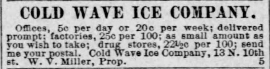 Kristin Holt | Victorian America's Ice Delivery. Cold Wave Ice Company Ad for service. Delivers to offices, factories, and drug stores. St. Louis Post-Dispatch, St. Louis, Missouri, April 1, 1888.