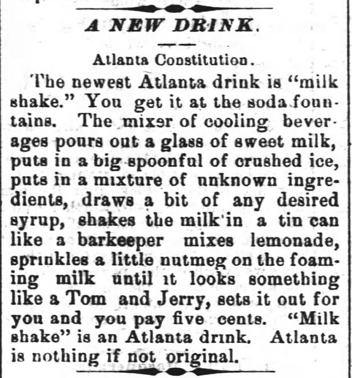 Kristin Holt | Shave Ice & Milk Shakes--in the Old West? Milk Shake a new drink. No ice cream. The Wilmington Morning Star of Wilmington, North Carolina, on May 15, 1886.