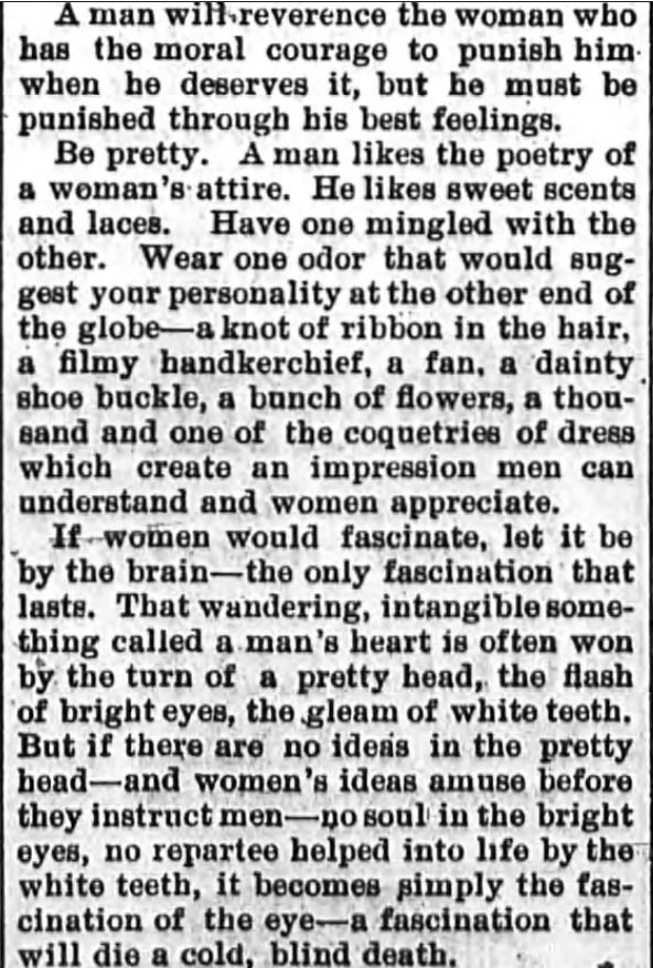 Kristin Holt | How to Attract Men, Part 4. Newspaper article: The Sun and the Erie County Independent of Hamburg, New York, April 6, 1894.