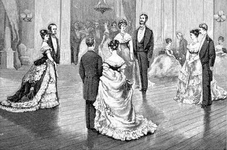 Kristin Holt | Victorian Dancing Etiquette. Vintage black-and-white illustration of couples on ballroom floor. Image: Pinterest.
