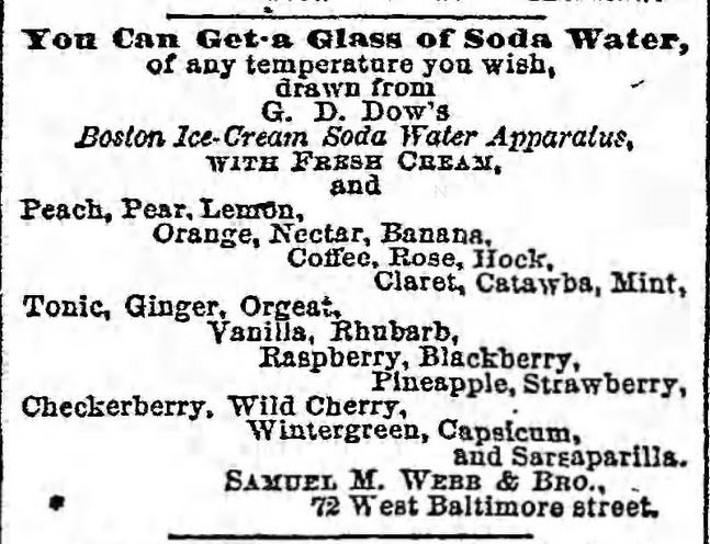 Kristin Holt | Victorian Ice Cream Sodas. Ad from The Baltimore Sun, May 2, 1868, states the use of the Dow's patented dispenser.