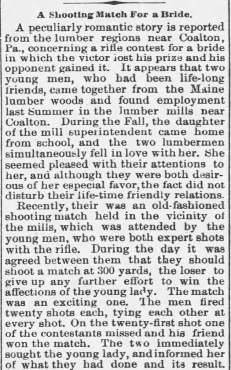 Kristin Holt | Shooting Contests in Victorian America. A Shooting Match for a Bride, part 1. Arkansas Valley Democrat of Arkansas City, Kansas, March 20, 1885.