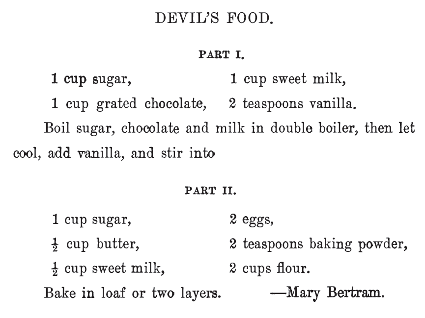 Kristin Holt | Victorian Baking: Devil's Food Cake -- Devil's Food recipe, The West Bend Cook Book, 1908.