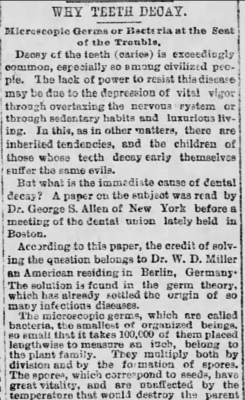 Kristin Holt | Victorian Mouths ~ Worms or Germs? Newspaper Article original, Why Teeth Decay, Part 1. Published in the St. Joseph Herald of St. Joseph, Missouri on January 15, 1889.