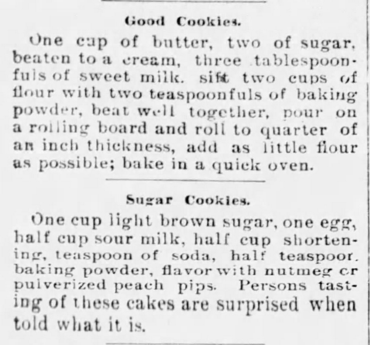 Kristin Holt | Sugar Cookies in Victorian America | Two Sugar Cookie Recipes from Mound Valley Herald of Mound Valley, Kansas on August 21, 1896.