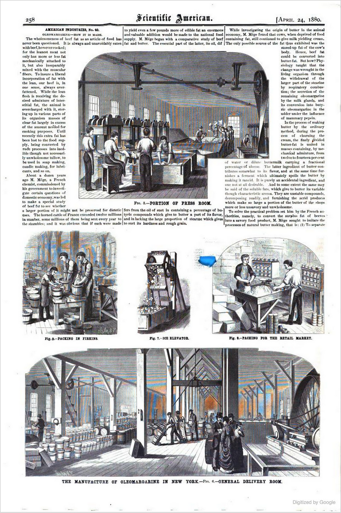 Kristin Holt | Victorian America's Oleomargarine: Illustration of The Manufacture of Oleomargarine in New York, published in the Scientific American on April 24, 1880.